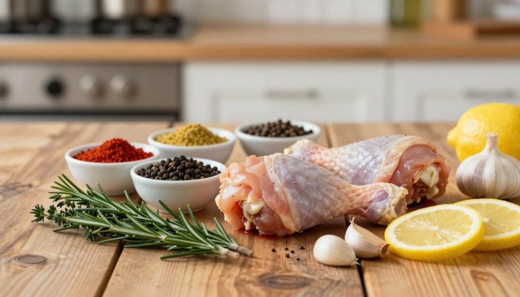A beautifully arranged collection of marinade ingredients for chicken drumsticks, displayed on a rustic wooden table. In the foreground, vibrant fresh herbs like rosemary and thyme, along with whole garlic cloves and slices of lemon, exude freshness. The middle layer features colorful spices in small bowls, including paprika, black pepper, and cayenne, creating an inviting palette. The background showcases a softly blurred kitchen setting, with warm, natural lighting illuminating the scene, casting gentle shadows, invoking a cozy culinary atmosphere. Use a shallow depth of field to emphasize the ingredients while softly blurring the background, capturing the essence of aromatic, succulent meat preparation. A beautifully arranged collection of marinade ingredients for chicken drumsticks, displayed on a rustic wooden table. In the foreground, vibrant fresh herbs like rosemary and thyme, along with whole garlic cloves and slices of lemon, exude freshness. The middle layer features colorful spices in small bowls, including paprika, black pepper, and cayenne, creating an inviting palette. The background showcases a softly blurred kitchen setting, with warm, natural lighting illuminating the scene, casting gentle shadows, invoking a cozy culinary atmosphere. Use a shallow depth of field to emphasize the ingredients while softly blurring the background, capturing the essence of aromatic, succulent meat preparation.