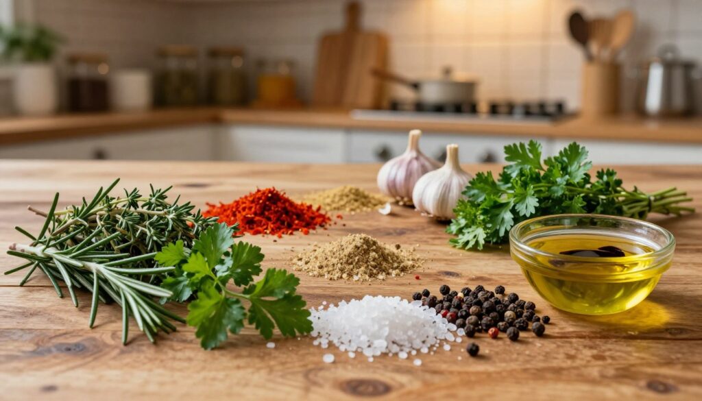 A beautifully arranged display of essential ingredients and spices for a flavorful roasted meat marinade, set on a rustic wooden table. In the foreground, a vibrant selection of fresh herbs like rosemary, thyme, and parsley, alongside coarse sea salt, cracked black pepper, and a small bowl of olive oil with a drizzle of balsamic vinegar. In the middle, a variety of spices including paprika, garlic powder, and a hint of red pepper flakes, artistically spread out. The background softly blurs to reveal a cozy kitchen environment with warm, inviting lighting and wooden shelves filled with jars and utensils. The mood is rustic and homely, evoking the warmth of family cooking. The scene is captured from a slightly elevated angle to showcase the colorful textures and natural elements, emphasizing the art of marinating. A beautifully arranged display of essential ingredients and spices for a flavorful roasted meat marinade, set on a rustic wooden table. In the foreground, a vibrant selection of fresh herbs like rosemary, thyme, and parsley, alongside coarse sea salt, cracked black pepper, and a small bowl of olive oil with a drizzle of balsamic vinegar. In the middle, a variety of spices including paprika, garlic powder, and a hint of red pepper flakes, artistically spread out. The background softly blurs to reveal a cozy kitchen environment with warm, inviting lighting and wooden shelves filled with jars and utensils. The mood is rustic and homely, evoking the warmth of family cooking. The scene is captured from a slightly elevated angle to showcase the colorful textures and natural elements, emphasizing the art of marinating.