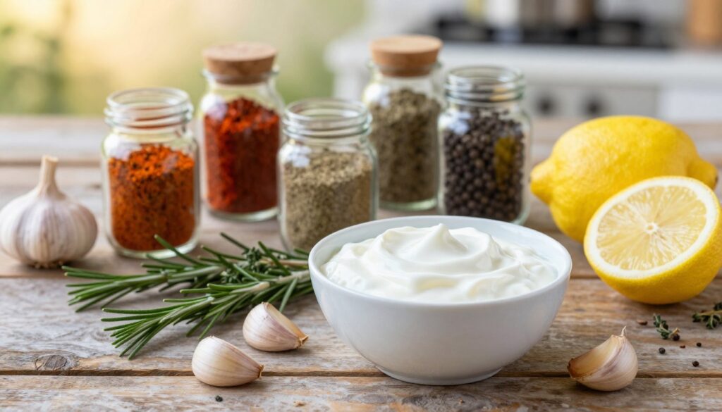 A beautifully arranged flat lay of key ingredients for a chicken marinade featuring yogurt, set on a rustic wooden table. In the foreground, a bowl of thick, creamy yogurt sits prominently, surrounded by fresh garlic cloves, fragrant herbs like rosemary and thyme, and bright yellow lemons that add a pop of color. In the middle ground, jars of vibrant spices like paprika, cumin, and black pepper are interspersed, their colors contrasting beautifully with the natural tones of the wood. In the background, there’s a blurred, soft-focus hint of an outdoor kitchen setting, with gentle, warm lighting enhancing the inviting atmosphere. The overall mood is fresh and homely, evoking a sense of culinary creativity and comfort.