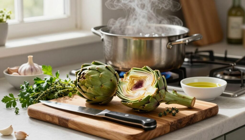 A beautifully arranged kitchen scene featuring fresh artichokes being prepared. In the foreground, a vibrant wooden cutting board displays artichokes, a sharp chef's knife, and sprigs of fresh herbs like parsley and thyme. In the middle ground, a pot of water simmers on the stove, with steam rising gently, hinting at the cooking process. A bowl of garlic cloves and a small ceramic dish with olive oil are also present. The background shows a sunlit window with soft light filtering in, illuminating the entire scene with a warm glow. The atmosphere is inviting and homey, perfect for illustrating a practical guide on preparing artichokes. A beautifully arranged kitchen scene featuring fresh artichokes being prepared. In the foreground, a vibrant wooden cutting board displays artichokes, a sharp chef's knife, and sprigs of fresh herbs like parsley and thyme. In the middle ground, a pot of water simmers on the stove, with steam rising gently, hinting at the cooking process. A bowl of garlic cloves and a small ceramic dish with olive oil are also present. The background shows a sunlit window with soft light filtering in, illuminating the entire scene with a warm glow. The atmosphere is inviting and homey, perfect for illustrating a practical guide on preparing artichokes.