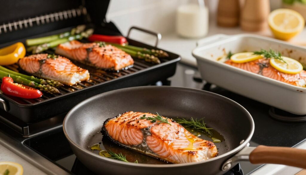 A beautifully arranged kitchen setting featuring salmon being prepared using various techniques: a close-up of a skillet on an elegant stovetop with a perfectly seared salmon fillet, showcasing golden crusting, herbs, and a drizzle of olive oil. In the background, a vibrant grill is seen with additional salmon fillets sizzling, surrounded by fresh vegetables like asparagus and bell peppers. To the side, an oven with salmon in a rustic baking dish, garnished with lemon slices and dill. Soft, warm lighting creates an inviting atmosphere, emphasizing the textures and colors of the food. Use a shallow depth of field to focus on the skillet, while the grill and oven create a harmonious backdrop. Capture a cozy, culinary ambiance suitable for a professional kitchen.