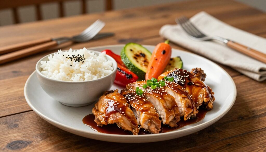 A beautifully arranged plate of marinated chicken glazed with a rich soy sauce, glistening under warm, soft lighting. In the foreground, the chicken is artfully plated, garnished with green onions and sesame seeds, showcasing its tender texture. Beside the plate lies a small bowl of steamed jasmine rice, fluffy and inviting. In the middle ground, vibrant grilled vegetables—bell peppers, zucchini, and carrots—add a pop of color, enhancing the plate's appeal. The background features a rustic wooden dining table, adorned with elegant, reusable cutlery and a simple cloth napkin, creating a cozy, inviting atmosphere. Capture the image from a slightly elevated angle to emphasize the details, with a shallow depth of field softly blurring the background. The overall mood should evoke warmth and comfort, ideal for a family meal. A beautifully arranged plate of marinated chicken glazed with a rich soy sauce, glistening under warm, soft lighting. In the foreground, the chicken is artfully plated, garnished with green onions and sesame seeds, showcasing its tender texture. Beside the plate lies a small bowl of steamed jasmine rice, fluffy and inviting. In the middle ground, vibrant grilled vegetables—bell peppers, zucchini, and carrots—add a pop of color, enhancing the plate's appeal. The background features a rustic wooden dining table, adorned with elegant, reusable cutlery and a simple cloth napkin, creating a cozy, inviting atmosphere. Capture the image from a slightly elevated angle to emphasize the details, with a shallow depth of field softly blurring the background. The overall mood should evoke warmth and comfort, ideal for a family meal.