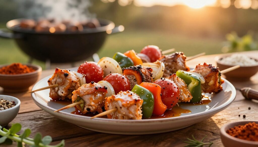 A beautifully arranged platter of colorful marinated chicken skewers, showcasing vibrant bell peppers, cherry tomatoes, and onions interspersed with juicy pieces of chicken. The foreground features a close-up of dripping marinate, glistening in the light, highlighting the texture of the ingredients. In the middle ground, a rustic wooden table adds warmth, while assorted bowls of spices and fresh herbs surround the skewers, hinting at the ingredients used in the marinade. The background captures a softly blurred outdoor grilling scene, bathed in warm, golden sunset light, enhancing the inviting and cozy atmosphere. The composition conveys a sense of culinary adventure and the art of creating delicious, flavorful meals. A shallow depth of field focuses on the skewers and marinade, inviting the viewer to immerse in the rich, aromatic experience. A beautifully arranged platter of colorful marinated chicken skewers, showcasing vibrant bell peppers, cherry tomatoes, and onions interspersed with juicy pieces of chicken. The foreground features a close-up of dripping marinate, glistening in the light, highlighting the texture of the ingredients. In the middle ground, a rustic wooden table adds warmth, while assorted bowls of spices and fresh herbs surround the skewers, hinting at the ingredients used in the marinade. The background captures a softly blurred outdoor grilling scene, bathed in warm, golden sunset light, enhancing the inviting and cozy atmosphere. The composition conveys a sense of culinary adventure and the art of creating delicious, flavorful meals. A shallow depth of field focuses on the skewers and marinade, inviting the viewer to immerse in the rich, aromatic experience.