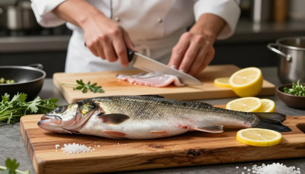 A beautifully arranged presentation of an Amur fish, showcasing its distinctive features like the elongated body and dark, shimmering scales. In the foreground, place the fish on a rustic wooden cutting board, surrounded by fresh herbs, lemon slices, and a sprinkling of sea salt. The middle layer should include a chef's hands preparing the fish, skillfully filleting it with a sharp knife. In the background, there should be a softly lit kitchen setting, with subtle hints of pots and pans, enhancing the atmosphere of culinary expertise. Use warm, natural lighting to create a welcoming and appetizing mood, and capture the image from a slightly elevated angle to emphasize the freshness and quality of the fish. A beautifully arranged presentation of an Amur fish, showcasing its distinctive features like the elongated body and dark, shimmering scales. In the foreground, place the fish on a rustic wooden cutting board, surrounded by fresh herbs, lemon slices, and a sprinkling of sea salt. The middle layer should include a chef's hands preparing the fish, skillfully filleting it with a sharp knife. In the background, there should be a softly lit kitchen setting, with subtle hints of pots and pans, enhancing the atmosphere of culinary expertise. Use warm, natural lighting to create a welcoming and appetizing mood, and capture the image from a slightly elevated angle to emphasize the freshness and quality of the fish.