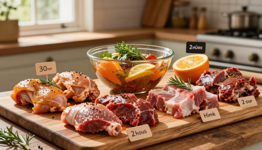 A beautifully arranged scene displaying various types of marinated meats, highlighting the optimal marinating times for each kind. In the foreground, a wooden cutting board showcases vibrant pieces of chicken, beef, and pork, each clearly labeled with marinating time indicators like 30 minutes, 2 hours, and overnight, presented on small tags next to each piece. In the middle, a mixing bowl filled with colorful marinade ingredients, such as herbs, spices, and citrus slices, adds a pop of color. The background features a rustic kitchen setting with warm, natural lighting streaming through a window, casting soft shadows, enhancing the inviting atmosphere of a home cook preparing for a grilling feast. The overall mood is lively and appetizing, evoking a sense of anticipation for delicious grilled meals.