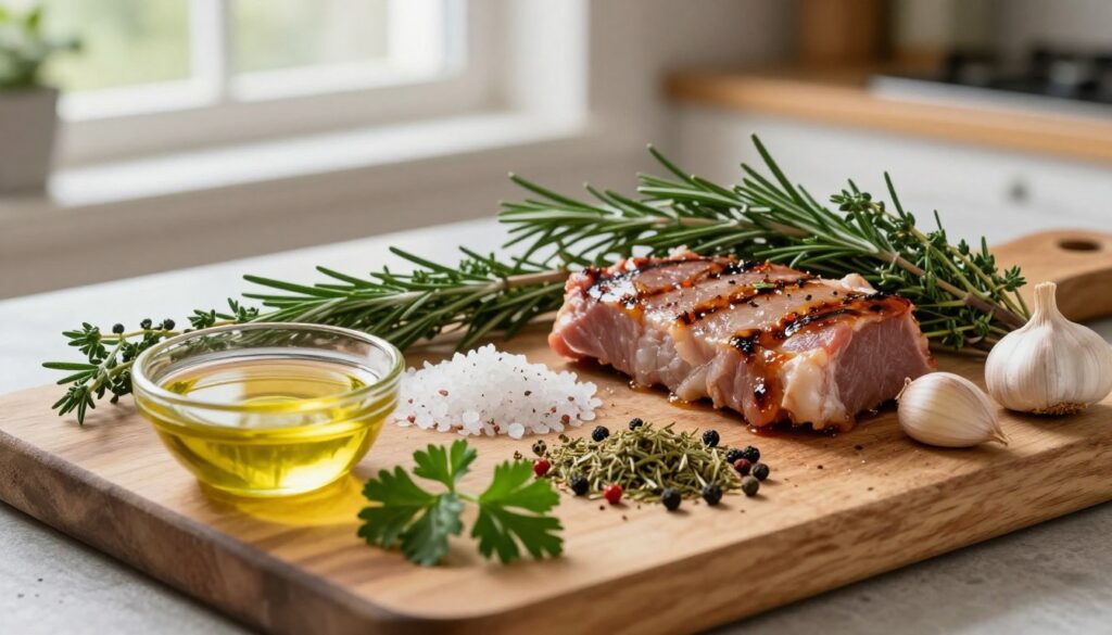 A beautifully arranged selection of essential marinade ingredients for grilling meat, showcasing fresh herbs like rosemary and thyme, whole garlic cloves, and vibrant spices like black pepper and paprika. In the foreground, a rustic wooden cutting board holds a small bowl of olive oil, while a sprig of fresh parsley adds a pop of color. The middle of the composition features neat piles of coarse sea salt and ground herbs. In the background, soft, natural light filters through a kitchen window, casting gentle shadows and highlighting the textures of the ingredients. The overall mood is warm and inviting, evoking a sense of culinary expertise and a homey atmosphere perfect for grilling. Focal length should emphasize the ingredients, creating depth and inviting the viewer into the culinary experience.