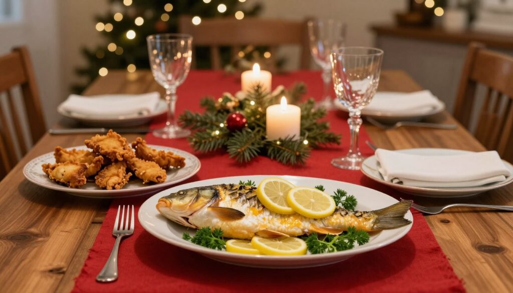A beautifully arranged table set for a festive holiday meal featuring Amur carp and traditional Polish-style dishes. In the foreground, a plate with a perfectly cooked Amur fish, garnished with lemon slices and fresh herbs, showcasing its golden, flaky texture. Beside it, a plate of crispy fried carp. The middle of the table is adorned with decorative elements like a vibrant red tablecloth, candles, and elegant glassware. In the background, a warm, inviting ambiance with soft, twinkling fairy lights and a rustic wooden dining table. The lighting is soft and warm, creating a cozy atmosphere perfect for a holiday gathering. Capture the essence of a joyful celebration, focusing on the rich food and beautiful presentation. A beautifully arranged table set for a festive holiday meal featuring Amur carp and traditional Polish-style dishes. In the foreground, a plate with a perfectly cooked Amur fish, garnished with lemon slices and fresh herbs, showcasing its golden, flaky texture. Beside it, a plate of crispy fried carp. The middle of the table is adorned with decorative elements like a vibrant red tablecloth, candles, and elegant glassware. In the background, a warm, inviting ambiance with soft, twinkling fairy lights and a rustic wooden dining table. The lighting is soft and warm, creating a cozy atmosphere perfect for a holiday gathering. Capture the essence of a joyful celebration, focusing on the rich food and beautiful presentation.