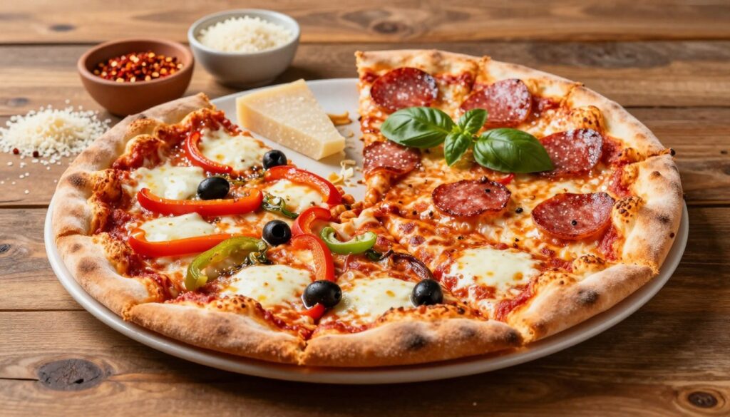 A beautifully crafted pizza showcasing a variety of dough types in a split view. In the foreground, a thick, fluffy crust with a golden brown finish topped with rich marinara sauce, melted mozzarella, and vibrant vegetables like bell peppers and olives. Beside it, a classic thin crust, crispy and perfectly baked, adorned with pepperoni slices and fresh basil leaves. The middle ground features an assortment of garnishes like Parmesan cheese and chili flakes. The background includes a warm, rustic wooden table illuminated by soft, natural lighting that casts gentle shadows, creating an inviting atmosphere. The image captures the essence of different pizza crusts and their potential impact on calorie content, inviting viewers to explore further.