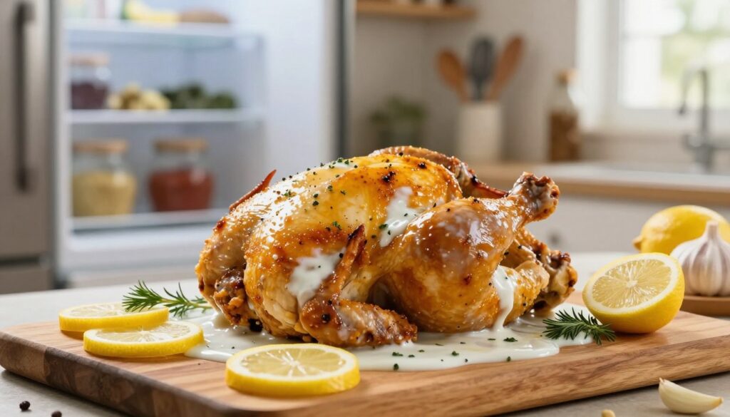 A beautifully marinated chicken, displaying juicy, golden-brown skin glistening with a yogurt-based marinade, sits prominently in the foreground on a rustic wooden cutting board. The marinade's ingredients, like fresh herbs, garlic, and lemon slices, are artistically arranged around the chicken, adding vibrant colors and textures. In the middle ground, a softly blurred kitchen setting reveals shelves with spices and utensils, creating a warm and inviting atmosphere. Soft, natural lighting streams in from a nearby window, enhancing the appetizing appeal of the dish, while a shallow depth of field focuses attention on the chicken. This image evokes a homely cooking vibe, perfect for illustrating the optimal marinating process in the refrigerator, cultivating an atmosphere of delicious anticipation.