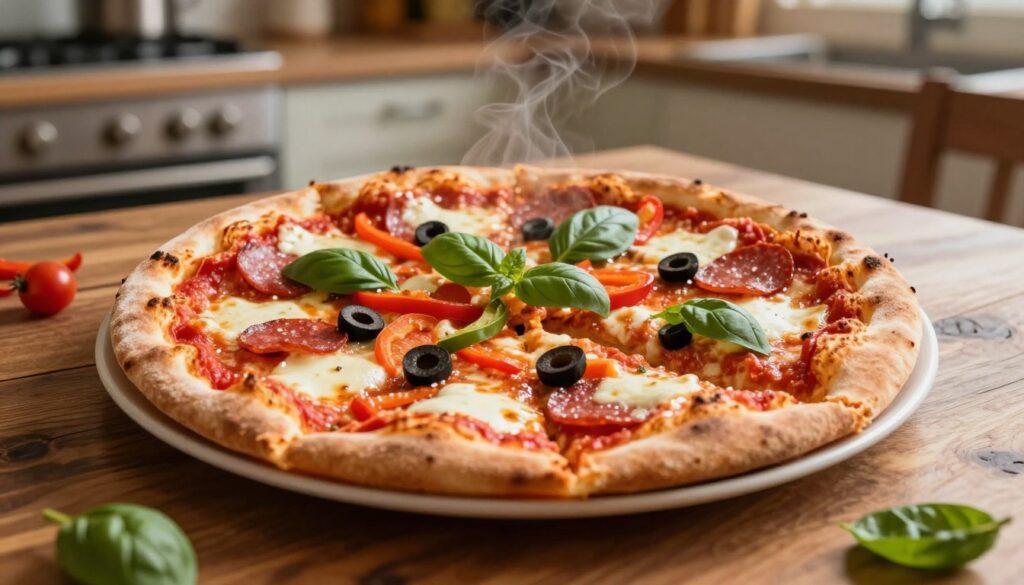 A beautifully styled domestic pizza on a rustic wooden table, showcasing the contrast between homemade and pizzeria versions. The pizza features a golden, crispy crust topped with vibrant red tomato sauce, melted mozzarella cheese, and fresh basil. Individual slices are artfully arranged, revealing layers of pepperoni, bell peppers, and olives. In the background, a cozy kitchen setting with soft, warm lighting emphasizes a homey atmosphere, while subtle hints of kitchen utensils and ingredients add context. Shot with a shallow depth of field to focus on the pizza, capturing the steam rising from its surface. The overall composition conveys a delicious, inviting mood, highlighting the caloric richness and appetizing nature of a homemade pizza.