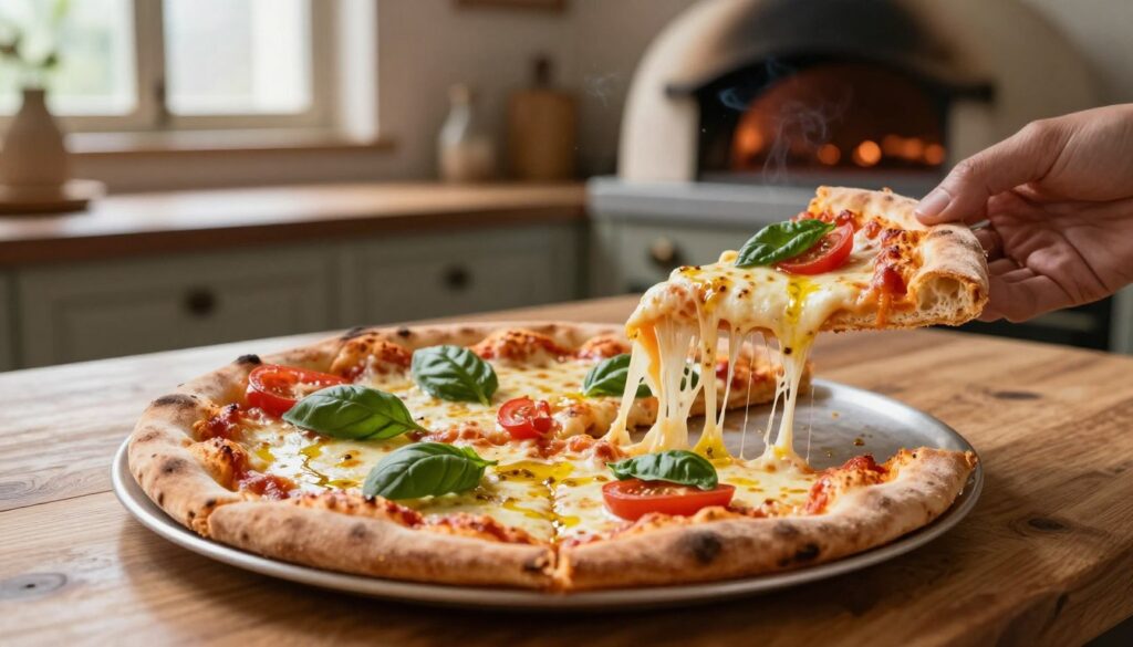 A beautifully styled food scene centered around a freshly baked pizza on a wooden countertop. The foreground features a pizza with a perfectly crunch crust, bubbling, melted cheese stretching as a slice is lifted. Various toppings like fresh basil, tomatoes, and a glossy finish of olive oil highlight the dish. In the middle ground, there’s a rustic kitchen setting with a warm, inviting atmosphere, with soft, natural lighting streaming in from a window. A hint of smoke can be seen rising from a traditional home oven in the background, emphasizing the cooking process. The mood is cozy and homely, capturing the essence of home-cooked Italian comfort food, evoking a sense of warmth and inviting culinary creativity. A beautifully styled food scene centered around a freshly baked pizza on a wooden countertop. The foreground features a pizza with a perfectly crunch crust, bubbling, melted cheese stretching as a slice is lifted. Various toppings like fresh basil, tomatoes, and a glossy finish of olive oil highlight the dish. In the middle ground, there’s a rustic kitchen setting with a warm, inviting atmosphere, with soft, natural lighting streaming in from a window. A hint of smoke can be seen rising from a traditional home oven in the background, emphasizing the cooking process. The mood is cozy and homely, capturing the essence of home-cooked Italian comfort food, evoking a sense of warmth and inviting culinary creativity.