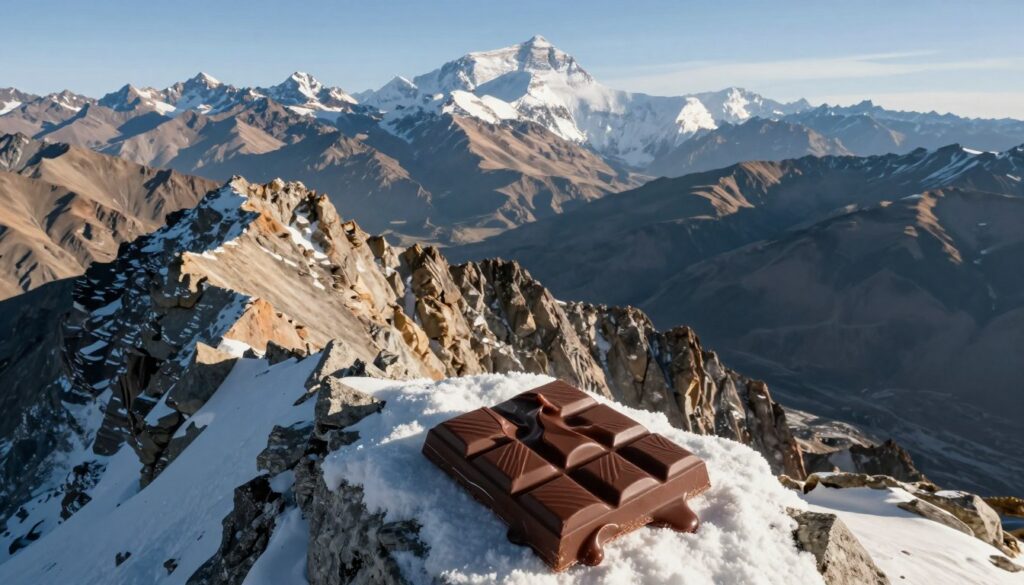 A breathtaking view of extreme locations on Earth, showcasing diverse landscapes from a high altitude perspective. In the foreground, a rugged mountain peak dusted with snow, representing the heights of Mount Everest, with a close-up of dark, rich chocolate melting under the sun. The middle ground features dramatic cliffs and jagged rocks, with a sense of adventure in the air. The background reveals a vast expanse of the Himalayas, casting long shadows in the late afternoon light. The atmosphere is crisp and clear, suggesting the thin air of high altitudes. The scene is professionally composed, with a wide-angle lens capturing both the chocolate detail and the grand mountain range, evoking a sense of both wonder and an exploration of taste at extreme heights.