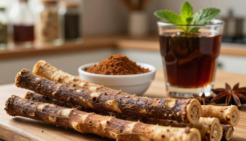 A close-up composition of licorice roots, showcasing their rich, textured surface and natural color variations, positioned prominently in the foreground. In the middle ground, a small bowl filled with powdered licorice sits alongside a glass of a dark, aromatic drink infused with licorice flavor, garnished with fresh mint leaves. Light filters softly through the scene from the left, creating a warm, inviting atmosphere. The background features blurred images of a rustic kitchen with wooden shelves displaying various spices and herbs, adding to the culinary theme. The overall mood is cozy and enticing, perfect for illustrating the unique flavor profile of licorice in culinary applications, emphasizing both its allure and distinctiveness.