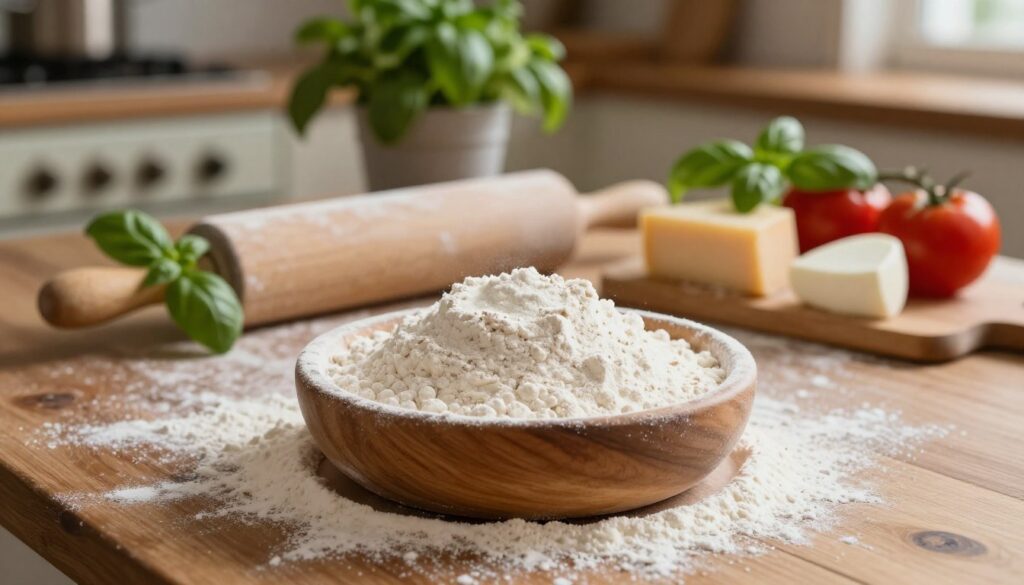 A close-up image of 'mąka pizzy' (pizza flour) is presented in a rustic kitchen setting. The foreground features a wooden bowl overflowing with fine, white flour, with a dusting of flour scattered on the wood surface around it. In the middle, a rolling pin and scattered ingredients such as fresh basil, tomatoes, and mozzarella cheese are artfully arranged. The background includes a blurred glimpse of a vintage oven and fresh herbs in pots, creating a homey atmosphere. Soft, warm lighting casts gentle shadows, highlighting the textures of the flour and the wooden surface, evoking a cozy, inviting mood, ideal for home cooking. The camera angle is slightly above the setup, capturing the essence of preparing pizza dough. A close-up image of 'mąka pizzy' (pizza flour) is presented in a rustic kitchen setting. The foreground features a wooden bowl overflowing with fine, white flour, with a dusting of flour scattered on the wood surface around it. In the middle, a rolling pin and scattered ingredients such as fresh basil, tomatoes, and mozzarella cheese are artfully arranged. The background includes a blurred glimpse of a vintage oven and fresh herbs in pots, creating a homey atmosphere. Soft, warm lighting casts gentle shadows, highlighting the textures of the flour and the wooden surface, evoking a cozy, inviting mood, ideal for home cooking. The camera angle is slightly above the setup, capturing the essence of preparing pizza dough.