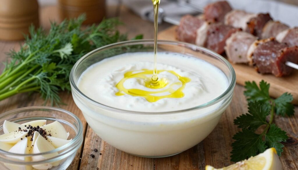 A close-up of a rustic wooden table featuring a bowl of creamy buttermilk marinade, with fresh herbs like dill and parsley scattered around. In the foreground, a glass container holds sliced garlic and a sprinkle of black pepper, ready to be mixed into the marinade. In the middle, the buttermilk is thick and frothy, with a drizzle of olive oil and lemon juice artistically poured on top, creating a vibrant contrast. Soft, natural lighting bathes the scene, enhancing the creamy texture and fresh colors of the ingredients. In the background, blurred hints of marinated meat on skewers and a rustic kitchen setting, capturing the essence of a home-cooked meal. The atmosphere is inviting and warm, suggesting a delicious culinary experience awaits. A close-up of a rustic wooden table featuring a bowl of creamy buttermilk marinade, with fresh herbs like dill and parsley scattered around. In the foreground, a glass container holds sliced garlic and a sprinkle of black pepper, ready to be mixed into the marinade. In the middle, the buttermilk is thick and frothy, with a drizzle of olive oil and lemon juice artistically poured on top, creating a vibrant contrast. Soft, natural lighting bathes the scene, enhancing the creamy texture and fresh colors of the ingredients. In the background, blurred hints of marinated meat on skewers and a rustic kitchen setting, capturing the essence of a home-cooked meal. The atmosphere is inviting and warm, suggesting a delicious culinary experience awaits.