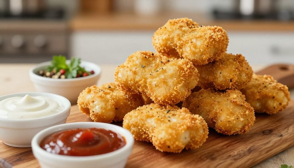 A close-up of delicious, golden-brown chicken nuggets arranged beautifully on a rustic wooden board. The nuggets are expertly breaded, showing a crunchy texture with a hint of herbs and spices visible. In the foreground, there are a couple of dipping sauces, like creamy ranch and tangy barbecue, adding vibrant colors to the scene. In the middle ground, a small dish of fresh herbs and spices, hinting at the marination process, is artistically placed nearby. The background features a softly blurred kitchen setting with warm, inviting lighting that gives a cozy atmosphere. The image should feel appetizing and inviting, capturing the essence of homemade comfort food, with a shallow depth of field to emphasize the chicken nuggets.