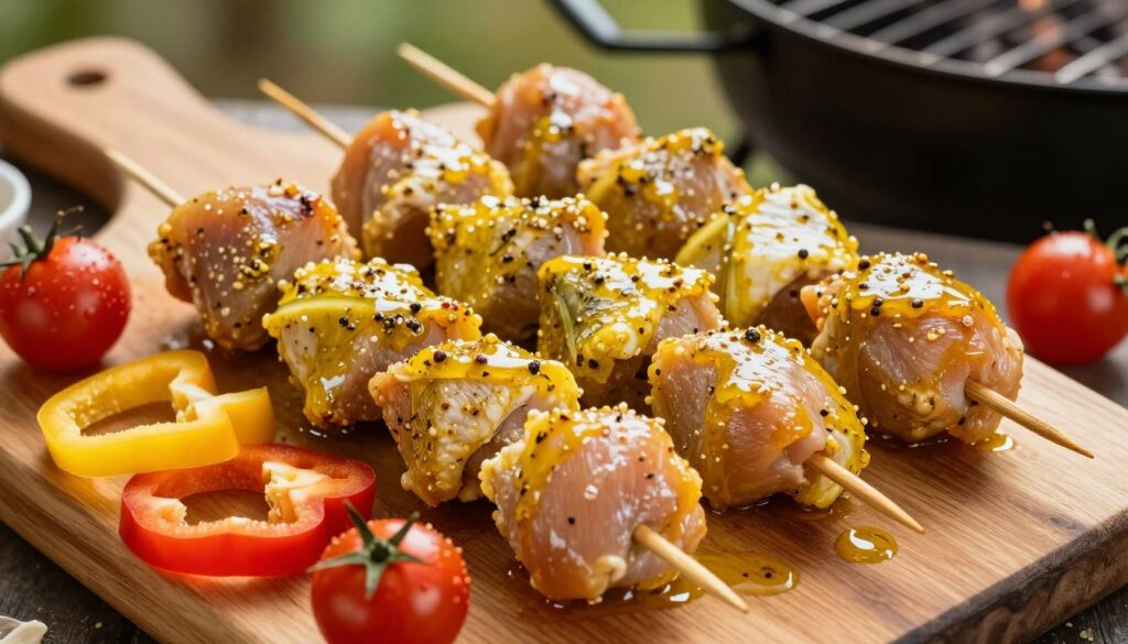 A close-up scene of marinating chunks of chicken for skewers, displayed on a rustic wooden cutting board. The chicken pieces, coated in a vibrant yellow marinade made from spices, herbs, and olive oil, are surrounded by vibrant ingredients like sliced bell peppers and cherry tomatoes. In the background, a faint outline of a grill can be seen, adding to the outdoor cooking atmosphere. Soft, natural lighting illuminates the scene, casting gentle shadows, while a warm color palette enhances the inviting feel. The image is captured from a slightly elevated angle, focusing on the textures of the meat and marinade, evoking a sense of preparation and anticipation for a delicious meal. A close-up scene of marinating chunks of chicken for skewers, displayed on a rustic wooden cutting board. The chicken pieces, coated in a vibrant yellow marinade made from spices, herbs, and olive oil, are surrounded by vibrant ingredients like sliced bell peppers and cherry tomatoes. In the background, a faint outline of a grill can be seen, adding to the outdoor cooking atmosphere. Soft, natural lighting illuminates the scene, casting gentle shadows, while a warm color palette enhances the inviting feel. The image is captured from a slightly elevated angle, focusing on the textures of the meat and marinade, evoking a sense of preparation and anticipation for a delicious meal.