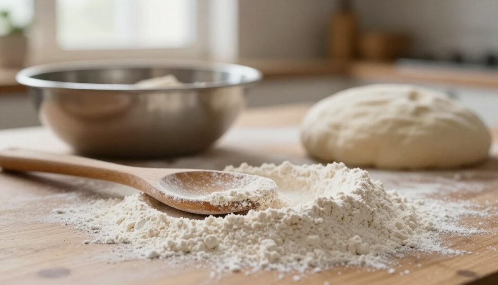 A close-up shot of a fine, off-white pizza flour spread across a rustic wooden surface, highlighting the texture and graininess. In the foreground, a wooden spoon lightly rests in the flour, dusting it gently to illustrate its lightness. The middle ground features a metallic bowl filled with a light, airy pizza dough, partially kneaded, showcasing its elasticity. In the background, a soft-focus of a warm kitchen with natural light streaming through a window, suggesting a cozy homey atmosphere. The overall mood should feel inviting and calm, evoking the essence of homemade pizza. The image should have soft lighting to enhance the flour's subtle textures and the organic feel of the kitchen setting, captured with a slight overhead angle. A close-up shot of a fine, off-white pizza flour spread across a rustic wooden surface, highlighting the texture and graininess. In the foreground, a wooden spoon lightly rests in the flour, dusting it gently to illustrate its lightness. The middle ground features a metallic bowl filled with a light, airy pizza dough, partially kneaded, showcasing its elasticity. In the background, a soft-focus of a warm kitchen with natural light streaming through a window, suggesting a cozy homey atmosphere. The overall mood should feel inviting and calm, evoking the essence of homemade pizza. The image should have soft lighting to enhance the flour's subtle textures and the organic feel of the kitchen setting, captured with a slight overhead angle.