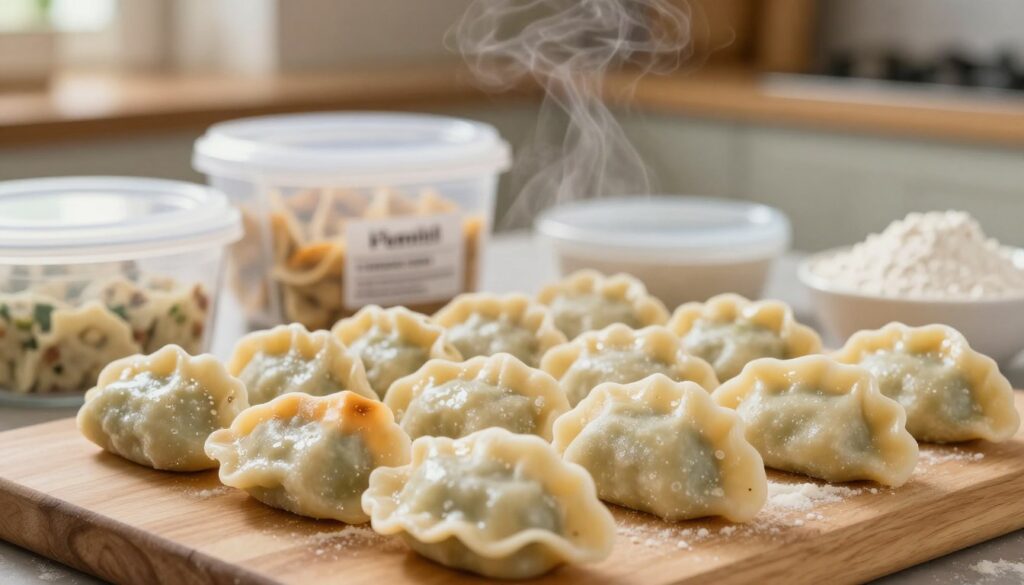 A close-up shot of cooked pierogi arranged neatly on a wooden cutting board, showcasing a variety of fillings peeking through their golden-brown edges. The foreground features a few pierogi stacked and slightly overlapping, with steam rising for a fresh, inviting appearance. In the middle, include a few containers, such as a labeled freezer bag and a small bowl of flour to illustrate the freezing process, strategically placed beside the pierogi. The background should be softly blurred, hinting at a cozy kitchen environment with warm, natural lighting. Use a shallow depth of field to focus intensively on the pierogi and the immediate surroundings, creating an appetizing and homely atmosphere that captures the essence of properly freezing cooked pierogi. A close-up shot of cooked pierogi arranged neatly on a wooden cutting board, showcasing a variety of fillings peeking through their golden-brown edges. The foreground features a few pierogi stacked and slightly overlapping, with steam rising for a fresh, inviting appearance. In the middle, include a few containers, such as a labeled freezer bag and a small bowl of flour to illustrate the freezing process, strategically placed beside the pierogi. The background should be softly blurred, hinting at a cozy kitchen environment with warm, natural lighting. Use a shallow depth of field to focus intensively on the pierogi and the immediate surroundings, creating an appetizing and homely atmosphere that captures the essence of properly freezing cooked pierogi.
