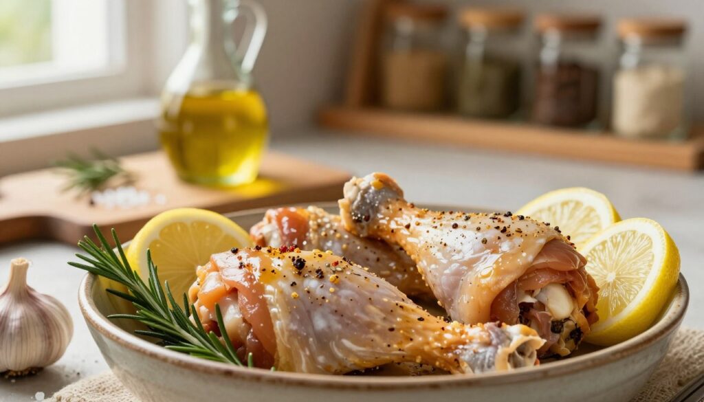 A close-up shot of marinated chicken drumsticks glistening with spices and herbs, placed in a rustic ceramic bowl. The foreground features fresh ingredients such as garlic, rosemary, and lemon slices artfully arranged around the chicken, enhancing the sense of flavor and freshness. In the middle ground, a wooden cutting board is slightly blurred, showcasing a bottle of olive oil and a sprinkle of coarse sea salt. The background is softly focused, hinting at a warm kitchen ambiance with wooden shelves holding various spices in jars. Natural light filters through a nearby window, casting a soft, inviting glow that creates a cozy and appetizing atmosphere. The overall mood is evocative of home-cooked meals and culinary creativity, emphasizing the importance of marinating time for depth of flavor. A close-up shot of marinated chicken drumsticks glistening with spices and herbs, placed in a rustic ceramic bowl. The foreground features fresh ingredients such as garlic, rosemary, and lemon slices artfully arranged around the chicken, enhancing the sense of flavor and freshness. In the middle ground, a wooden cutting board is slightly blurred, showcasing a bottle of olive oil and a sprinkle of coarse sea salt. The background is softly focused, hinting at a warm kitchen ambiance with wooden shelves holding various spices in jars. Natural light filters through a nearby window, casting a soft, inviting glow that creates a cozy and appetizing atmosphere. The overall mood is evocative of home-cooked meals and culinary creativity, emphasizing the importance of marinating time for depth of flavor.