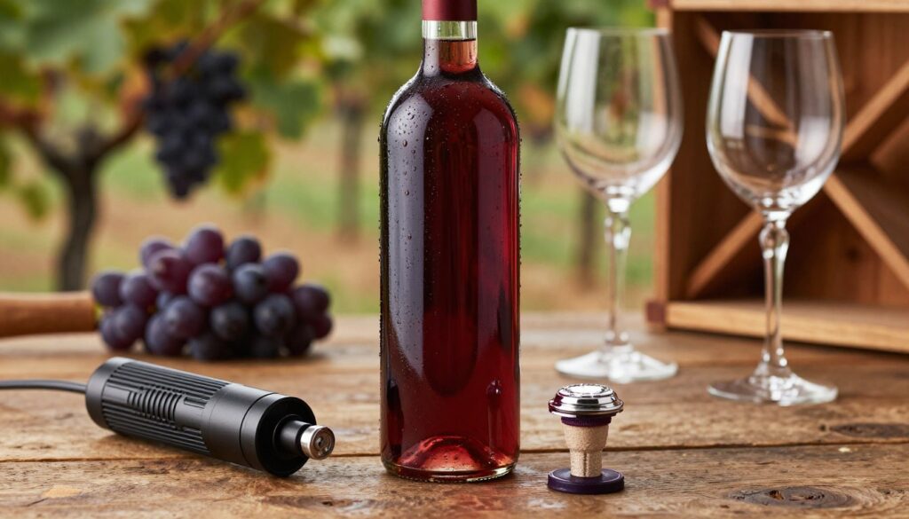 A close-up still life of an elegant red wine bottle perched on a rustic wooden table, surrounded by various tools for wine preservation. In the foreground, a sleek vacuum pump and an airtight stopper sparkle in soft, diffused lighting that highlights the wine's rich color. The middle ground features the open wine bottle, with droplets of condensation glistening against its glass surface, while two crystal wine glasses sit nearby, reflecting warm hues. In the background, softly blurred grapevines and a wooden wine rack evoke a vineyard ambiance, contributing to a peaceful, sophisticated atmosphere. The scene captures the essence of preserving wine with elegance and care, emphasizing methods to slow down oxidation. A close-up still life of an elegant red wine bottle perched on a rustic wooden table, surrounded by various tools for wine preservation. In the foreground, a sleek vacuum pump and an airtight stopper sparkle in soft, diffused lighting that highlights the wine's rich color. The middle ground features the open wine bottle, with droplets of condensation glistening against its glass surface, while two crystal wine glasses sit nearby, reflecting warm hues. In the background, softly blurred grapevines and a wooden wine rack evoke a vineyard ambiance, contributing to a peaceful, sophisticated atmosphere. The scene captures the essence of preserving wine with elegance and care, emphasizing methods to slow down oxidation.