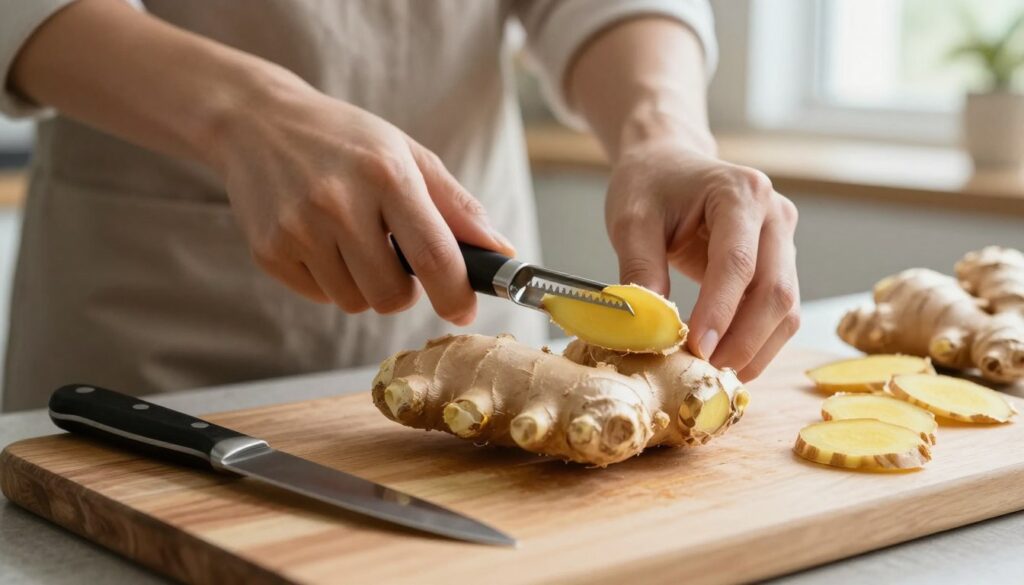A close-up view of a fresh piece of ginger on a wooden cutting board, surrounded by a few tools for peeling, like a vegetable peeler and a small knife. In the foreground, focus on the textured surface of the ginger, showcasing its fibrous and knobby features. The middle ground features hands of a person in modest casual attire gently peeling the ginger, revealing its vibrant yellow interior. In the background, soft natural light filters through a kitchen window, creating a warm, inviting atmosphere that suggests a homely kitchen setting. The overall mood conveys a sense of care and attention to food preparation, highlighting the importance of ginger in culinary practices. A close-up view of a fresh piece of ginger on a wooden cutting board, surrounded by a few tools for peeling, like a vegetable peeler and a small knife. In the foreground, focus on the textured surface of the ginger, showcasing its fibrous and knobby features. The middle ground features hands of a person in modest casual attire gently peeling the ginger, revealing its vibrant yellow interior. In the background, soft natural light filters through a kitchen window, creating a warm, inviting atmosphere that suggests a homely kitchen setting. The overall mood conveys a sense of care and attention to food preparation, highlighting the importance of ginger in culinary practices.