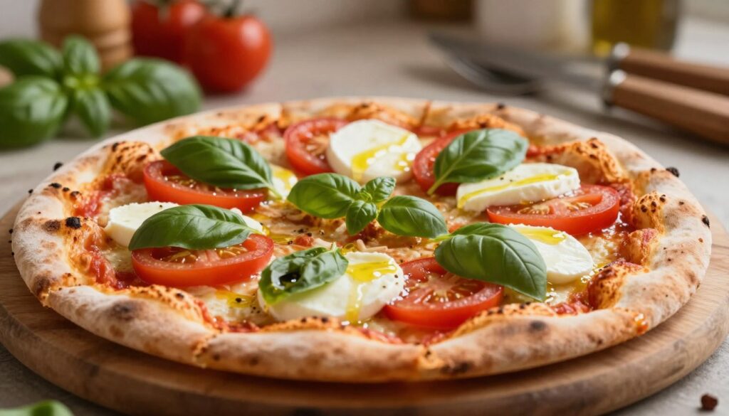 A close-up view of a traditional Italian pizza topped with classic ingredients, such as fresh mozzarella slices, ripe red tomatoes, vibrant green basil leaves, and a drizzle of olive oil, all glistening under warm, inviting natural light. The pizza rests on a rustic wooden pizza board, with a soft focus background featuring a cozy kitchen setting, hinting at a warm and welcoming atmosphere. Create a shallow depth of field to emphasize the delicious toppings in the foreground, while slightly blurring the background elements like herbs and cooking utensils. Capture the essence of comfort and culinary tradition, highlighting the textures and colors of the ingredients to evoke a sense of appetizing delight. A close-up view of a traditional Italian pizza topped with classic ingredients, such as fresh mozzarella slices, ripe red tomatoes, vibrant green basil leaves, and a drizzle of olive oil, all glistening under warm, inviting natural light. The pizza rests on a rustic wooden pizza board, with a soft focus background featuring a cozy kitchen setting, hinting at a warm and welcoming atmosphere. Create a shallow depth of field to emphasize the delicious toppings in the foreground, while slightly blurring the background elements like herbs and cooking utensils. Capture the essence of comfort and culinary tradition, highlighting the textures and colors of the ingredients to evoke a sense of appetizing delight.