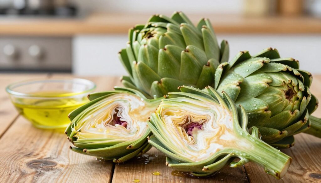 A close-up view of fresh, vibrant artichokes (karczochy) on a rustic wooden table, with droplets of water glistening on their textured green leaves. In the foreground, two artichokes are partially opened, showcasing their tender, pale inner leaves. In the middle ground, a small dish of lemon-infused olive oil sits beside the artichokes, hinting at flavor pairings. The background features a softly blurred kitchen setting with warm, natural lighting that creates an inviting ambiance, evoking a sense of freshness and culinary creativity. The composition focuses on the artichokes' unique form and color, highlighting their appeal as a must-try vegetable. The overall mood should be bright and appetizing, encouraging viewers to explore the taste of this distinctive vegetable. A close-up view of fresh, vibrant artichokes (karczochy) on a rustic wooden table, with droplets of water glistening on their textured green leaves. In the foreground, two artichokes are partially opened, showcasing their tender, pale inner leaves. In the middle ground, a small dish of lemon-infused olive oil sits beside the artichokes, hinting at flavor pairings. The background features a softly blurred kitchen setting with warm, natural lighting that creates an inviting ambiance, evoking a sense of freshness and culinary creativity. The composition focuses on the artichokes' unique form and color, highlighting their appeal as a must-try vegetable. The overall mood should be bright and appetizing, encouraging viewers to explore the taste of this distinctive vegetable.