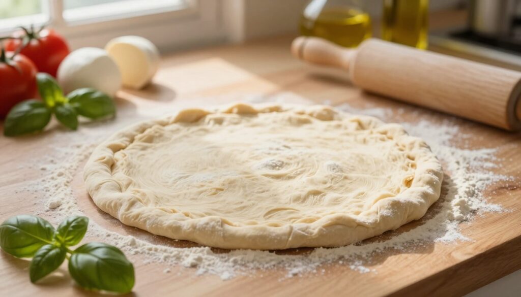 A close-up view of freshly prepared pizza dough on a wooden countertop. The dough is round, slightly risen, and has a golden-brown hue with a soft, fluffy texture around the edges. Surrounding the dough are scattered flour particles, a rolling pin, and a few sprigs of fresh basil for added color. In the background, there are ingredients like tomatoes, mozzarella cheese, and olive oil, softly blurred to keep the focus on the dough. The lighting is warm and inviting, simulating natural sunlight streaming in from a nearby window, creating a cozy kitchen atmosphere. The image conveys a sense of preparation and anticipation, perfect for illustrating the art of making pizza at home.