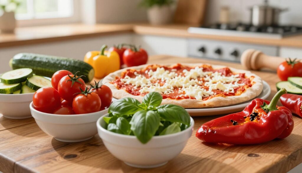 A colorful spread of seasonal pizza toppings on a rustic wooden table, showcasing a variety of fresh, vibrant ingredients. In the foreground, there are bowls filled with ripe cherry tomatoes, fresh basil, thinly sliced zucchini, and roasted red peppers. The middle ground features a partially assembled pizza crust topped with a rich tomato sauce and a generous sprinkle of melted mozzarella cheese. In the background, a kitchen setting with warm, natural light streaming in through a window creates an inviting atmosphere. The soft focus emphasizes the foreground ingredients, while enhancing the vibrancy of the colors. The overall mood is warm and inviting, perfect for inspiring creativity in the kitchen. A colorful spread of seasonal pizza toppings on a rustic wooden table, showcasing a variety of fresh, vibrant ingredients. In the foreground, there are bowls filled with ripe cherry tomatoes, fresh basil, thinly sliced zucchini, and roasted red peppers. The middle ground features a partially assembled pizza crust topped with a rich tomato sauce and a generous sprinkle of melted mozzarella cheese. In the background, a kitchen setting with warm, natural light streaming in through a window creates an inviting atmosphere. The soft focus emphasizes the foreground ingredients, while enhancing the vibrancy of the colors. The overall mood is warm and inviting, perfect for inspiring creativity in the kitchen.