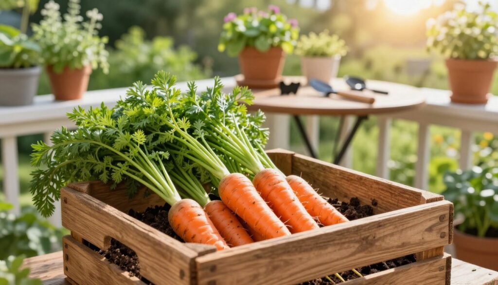 A cozy balcony garden scene featuring fresh, vibrant carrots being stored in a rustic wooden crate. In the foreground, the crate is filled with soil and leafy tops of carrots peeking out. The middle ground should show the balcony adorned with green potted plants, herbs, and a sunlight-drenched table set with gardening tools. In the background, a view of a lush garden can be seen, basking in warm afternoon sunlight. The atmosphere is inviting and serene, capturing the essence of home-grown vegetables. Use soft natural lighting to accentuate the colors and textures of the scene, with a slightly blurred focus, reminiscent of a warm summer day. A cozy balcony garden scene featuring fresh, vibrant carrots being stored in a rustic wooden crate. In the foreground, the crate is filled with soil and leafy tops of carrots peeking out. The middle ground should show the balcony adorned with green potted plants, herbs, and a sunlight-drenched table set with gardening tools. In the background, a view of a lush garden can be seen, basking in warm afternoon sunlight. The atmosphere is inviting and serene, capturing the essence of home-grown vegetables. Use soft natural lighting to accentuate the colors and textures of the scene, with a slightly blurred focus, reminiscent of a warm summer day.