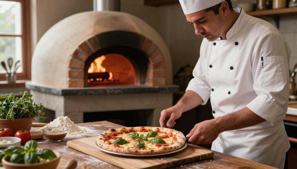 A cozy kitchen scene focusing on a pizza-making expert, dressed in a chef's uniform, analyzing a freshly baked pizza Guseppe. In the foreground, the pizza on a wooden cutting board features a perfectly golden crust and bubbling cheese, with toppings like fresh basil and tomatoes. The middle ground displays a traditional brick oven with the door slightly ajar, revealing the glow of the fire inside. In the background, rustic kitchen elements such as herbs, flour, and kitchen utensils add warmth to the atmosphere. Soft, natural lighting filters in through a window, casting gentle shadows and creating a welcoming ambiance. The mood is one of culinary expertise and problem-solving, emphasizing the art of perfecting pizza baking. A cozy kitchen scene focusing on a pizza-making expert, dressed in a chef's uniform, analyzing a freshly baked pizza Guseppe. In the foreground, the pizza on a wooden cutting board features a perfectly golden crust and bubbling cheese, with toppings like fresh basil and tomatoes. The middle ground displays a traditional brick oven with the door slightly ajar, revealing the glow of the fire inside. In the background, rustic kitchen elements such as herbs, flour, and kitchen utensils add warmth to the atmosphere. Soft, natural lighting filters in through a window, casting gentle shadows and creating a welcoming ambiance. The mood is one of culinary expertise and problem-solving, emphasizing the art of perfecting pizza baking.