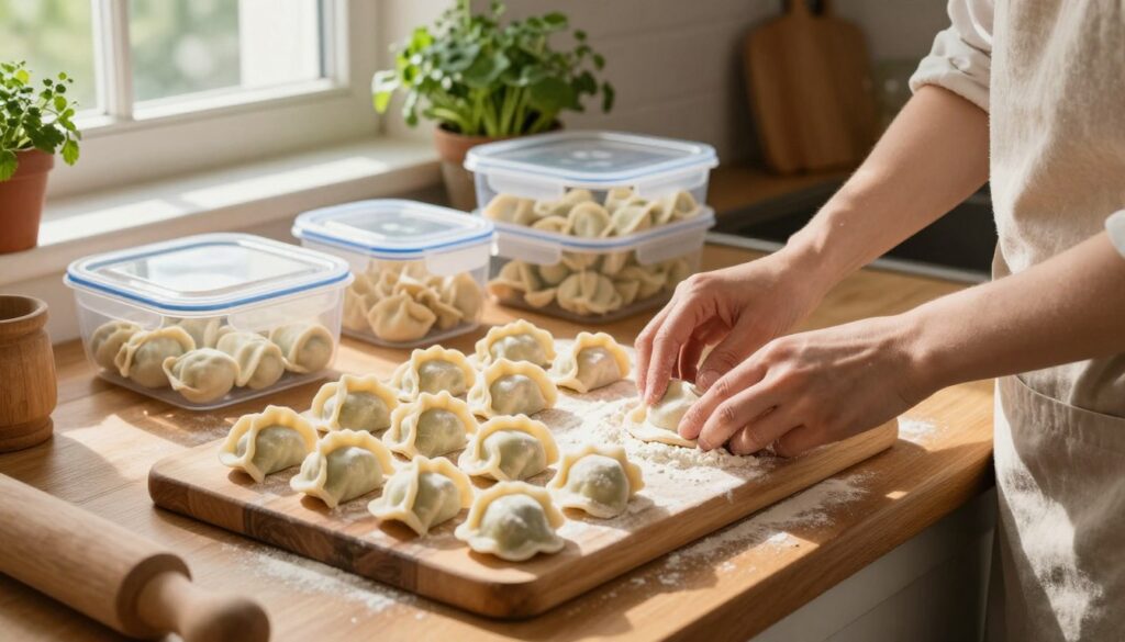 A cozy kitchen setting with wooden countertops, showcasing a beautiful array of fresh and boiled pierogi carefully arranged on a rustic wooden board. In the foreground, a person wearing a simple apron is gently placing flour between layers of raw pierogi, preventing them from sticking together. The middle ground features clear, labeled containers, elegantly displaying different methods of storage, such as a covered dish and a plastic wrap. Soft, natural daylight streams in through a nearby window, casting warm shadows and creating a welcoming atmosphere. In the background, potted herbs add a touch of color and freshness, enhancing the overall homely mood. The scene conveys the warmth of a family kitchen, focused on preserving the taste and quality of these delicious dumplings. A cozy kitchen setting with wooden countertops, showcasing a beautiful array of fresh and boiled pierogi carefully arranged on a rustic wooden board. In the foreground, a person wearing a simple apron is gently placing flour between layers of raw pierogi, preventing them from sticking together. The middle ground features clear, labeled containers, elegantly displaying different methods of storage, such as a covered dish and a plastic wrap. Soft, natural daylight streams in through a nearby window, casting warm shadows and creating a welcoming atmosphere. In the background, potted herbs add a touch of color and freshness, enhancing the overall homely mood. The scene conveys the warmth of a family kitchen, focused on preserving the taste and quality of these delicious dumplings.