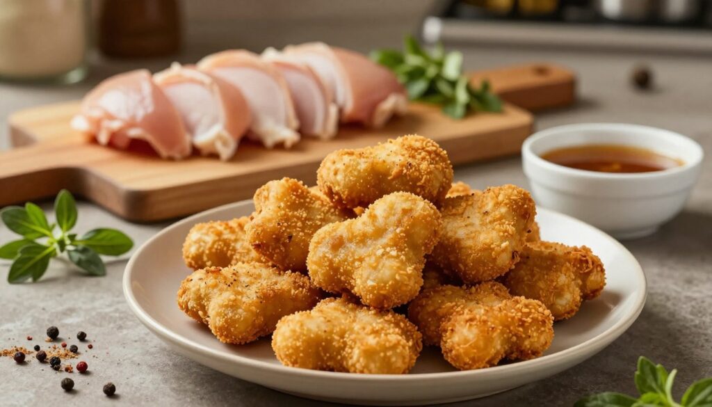 A delicious plate of crispy chicken nuggets sits prominently in the foreground, each nugget perfectly golden-brown with a crunchy texture. Surrounding the nuggets are fresh ingredients like herbs, spices, and a bowl of marinade to highlight the preparation aspect. In the middle ground, a chopping board displays diced chicken breasts, showcasing the selection of quality meat. The background features a rustic kitchen setting with warm lighting that evokes a cozy atmosphere, emphasizing the home-cooking experience. The angle is slightly overhead, capturing the enticing arrangement of food and ingredients, inviting the viewer to imagine the delicious process of making juicy chicken nuggets in a crispy coating.