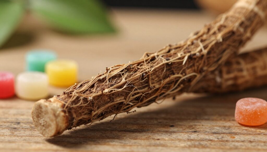 A detailed close-up of a natural licorice root, showcasing its rugged, fibrous texture and rich brown color. The root is placed prominently in the foreground against a rustic wooden surface, with some scattered licorice candies in vibrant colors nearby to highlight the contrast between the natural and processed forms. In the middle ground, soft, diffused lighting enhances the earthy tones, casting gentle shadows to create depth. The background is slightly blurred, featuring hints of greenery to evoke a sense of the plant's natural habitat. The overall mood is warm and inviting, emphasizing the distinct characteristics of the licorice root compared to sweet candies. The composition offers a sense of exploration into the differences between raw and processed flavors.