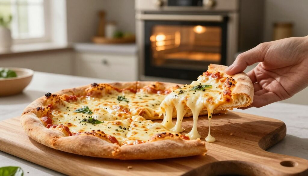 A freshly baked pizza sits on a wooden cutting board, showcasing a perfectly golden crust that is crispy on the outside and soft on the inside. The cheese is beautifully melted, bubbling with hints of oregano and basil sprinkled on top. In the foreground, a hand reaches for a slice, pulling apart the gooey cheese, creating an inviting and appetizing pull. The middle ground features an elegant kitchen setting, with a home oven in the background emitting a warm, golden glow. Soft natural light filters through an adjacent window, casting gentle shadows and highlighting the textures. The atmosphere is cozy and inviting, evoking the warmth of a home-cooked meal, perfect for illustrating the importance of baking pizza to achieve a crispy crust and melted cheese. A freshly baked pizza sits on a wooden cutting board, showcasing a perfectly golden crust that is crispy on the outside and soft on the inside. The cheese is beautifully melted, bubbling with hints of oregano and basil sprinkled on top. In the foreground, a hand reaches for a slice, pulling apart the gooey cheese, creating an inviting and appetizing pull. The middle ground features an elegant kitchen setting, with a home oven in the background emitting a warm, golden glow. Soft natural light filters through an adjacent window, casting gentle shadows and highlighting the textures. The atmosphere is cozy and inviting, evoking the warmth of a home-cooked meal, perfect for illustrating the importance of baking pizza to achieve a crispy crust and melted cheese.