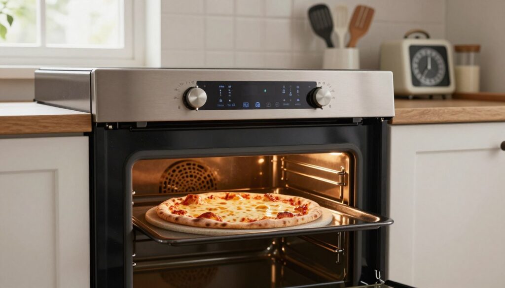 A modern kitchen scene featuring a well-designed oven set to the optimal temperature for baking pizza. In the foreground, an open oven reveals a pizza on a stone baking surface, perfectly crisp and bubbling with cheese. The middle ground showcases kitchen utensils and a timer, emphasizing preparation and precision. In the background, soft natural light filters through a window, illuminating the sleek kitchen appliances. The ambiance is warm and inviting, suggesting a cozy cooking environment. The oven settings display instructions clearly, highlighting temperature and heating modes suitable for achieving a crispy crust and evenly heated pizza. The camera angle captures the oven and surrounding kitchen in a professional, polished manner, evoking a sense of culinary expertise. A modern kitchen scene featuring a well-designed oven set to the optimal temperature for baking pizza. In the foreground, an open oven reveals a pizza on a stone baking surface, perfectly crisp and bubbling with cheese. The middle ground showcases kitchen utensils and a timer, emphasizing preparation and precision. In the background, soft natural light filters through a window, illuminating the sleek kitchen appliances. The ambiance is warm and inviting, suggesting a cozy cooking environment. The oven settings display instructions clearly, highlighting temperature and heating modes suitable for achieving a crispy crust and evenly heated pizza. The camera angle captures the oven and surrounding kitchen in a professional, polished manner, evoking a sense of culinary expertise.