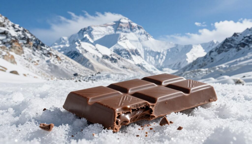 A rich, enticing chocolate bar half-melted, glistening in the bright sunlight high on Mount Everest. In the foreground, the chocolate is surrounded by pristine white snow, with small chocolate shavings peeking out, reflecting the radiance of the sun. In the middle ground, a breathtaking view of icy cliffs and towering peaks stretches into the distance, framed by a clear blue sky. Overhead, wispy clouds add a sense of altitude. The lighting is bright and natural, enhancing the warm tones of the chocolate against the cool hues of the snow and mountains. The mood is adventurous, inviting readers to experience the unique flavors of chocolate at such an extreme altitude. A wide-angle perspective captures both the chocolate and the breathtaking landscape, emphasizing the contrast between the delicious treat and the harsh environment.