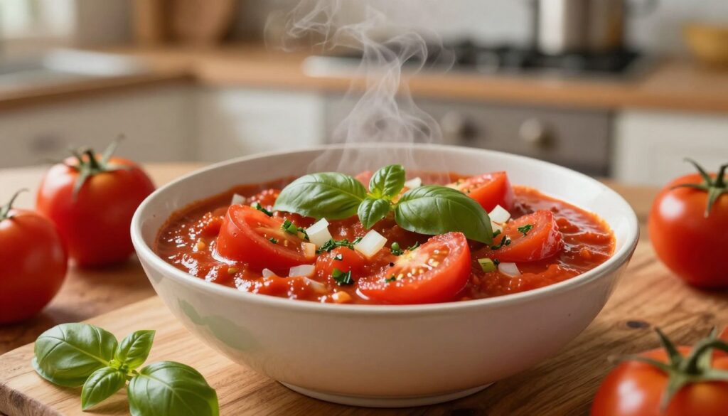 A richly textured bowl of vibrant red tomato sauce, showcasing glistening fresh tomatoes, finely chopped onions, and aromatic herbs like basil and oregano. The sauce is gently simmering, emanating a warm steam that adds a cozy atmosphere. In the foreground, a rustic wooden table supports the bowl, adorned with a few whole tomatoes and a sprig of fresh basil. The middle ground features a blurred out kitchen setting with soft golden lighting that enhances the warmth of the scene. Use a shallow depth of field to draw attention to the sauce while lightly softening the background. The overall mood is inviting and homely, perfect for a cooking perspective.