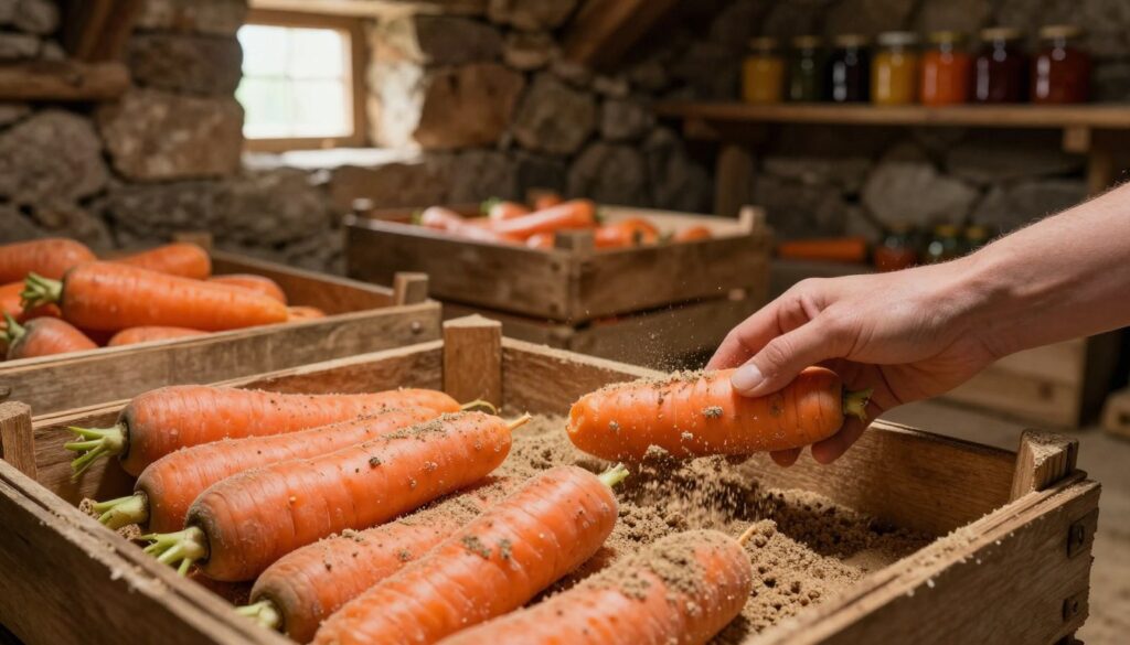 A rustic cellar filled with neatly stacked, fresh orange carrots in wooden crates, partially covered with damp sand to preserve their freshness. In the foreground, a close-up of a hand gently brushing sand off a carrot, showcasing its vibrant color and texture. The middle ground features the crates lined against a stone wall, illuminated by soft, warm light filtering through a small window, casting gentle shadows. The background reveals earthy tones of the cellar with shelves holding jars of preserves. The atmosphere is tranquil and reminiscent of traditional food storage methods. Ideal for conveying a sense of warmth and practicality in vegetable preservation. A rustic cellar filled with neatly stacked, fresh orange carrots in wooden crates, partially covered with damp sand to preserve their freshness. In the foreground, a close-up of a hand gently brushing sand off a carrot, showcasing its vibrant color and texture. The middle ground features the crates lined against a stone wall, illuminated by soft, warm light filtering through a small window, casting gentle shadows. The background reveals earthy tones of the cellar with shelves holding jars of preserves. The atmosphere is tranquil and reminiscent of traditional food storage methods. Ideal for conveying a sense of warmth and practicality in vegetable preservation.