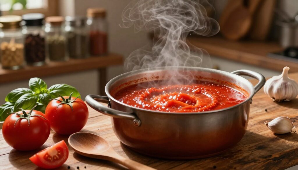 A rustic kitchen countertop featuring a pot simmering with vibrant red tomato sauce, showcasing the techniques for achieving perfect sauce consistency. In the foreground, fresh ingredients like plump tomatoes, garlic, and basil are artfully arranged, with a wooden spoon resting nearby. The midground emphasizes the bubbling pot with steam rising, illuminated by warm, inviting light that enhances the rich colors of the sauce. In the background, shelves filled with spices and cooking utensils add depth to the scene, creating a cozy atmosphere. Shot with a shallow depth of field to focus on the sauce, conveying the meticulous process of cooking while evoking a sense of warmth and culinary expertise.