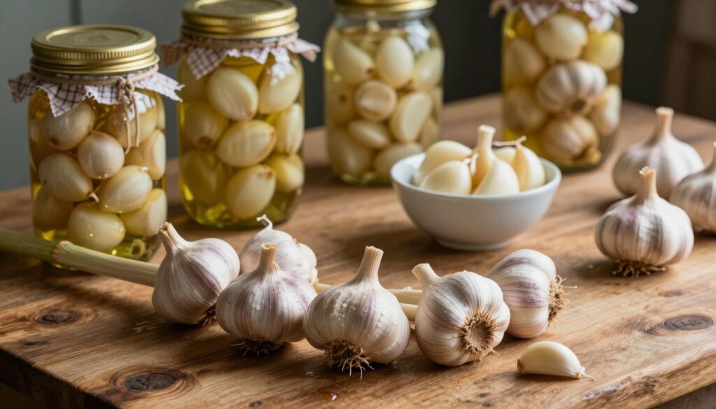 A rustic wooden kitchen table filled with freshly harvested garlic bulbs, showcasing various winter preservation techniques such as braiding, oil infusion, and pickling. In the foreground, a close-up of hand-braided garlic strings hanging elegantly, glistening with moisture. The middle ground features jars filled with garlic cloves submerged in olive oil and a small bowl of pickled garlic, all arranged invitingly. In the background, soft, warm lighting casts gentle shadows, emphasizing the natural textures of the garlic and wooden surface. The overall atmosphere is cozy and homely, reflecting the traditional practices of preserving garlic for the winter, inviting warmth and culinary creativity. The scene is devoid of any text or branding, purely focusing on the garlic and the methods of preservation.