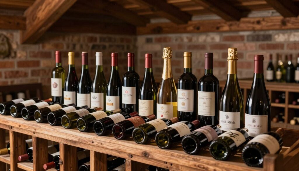 A serene and sophisticated wine storage scene, showcasing a rustic wooden wine rack filled with elegantly labeled bottles of wine. In the foreground, a well-organized collection of bottles is neatly arranged, highlighting a mix of red, white, and sparkling varieties. The middle ground features soft, natural lighting that casts gentle shadows, creating an inviting atmosphere. Behind the wine rack, a cozy cellar ambiance is illustrated with brick walls and wooden beams, giving a sense of traditional craftsmanship. Warm, rich colors enhance the mood, suggesting the preservation of wine's character before and after opening. Capture this composition from a slightly elevated angle, focusing on the details of the labels and the texture of the wooden rack. The overall effect conveys elegance and careful curation in wine storage. A serene and sophisticated wine storage scene, showcasing a rustic wooden wine rack filled with elegantly labeled bottles of wine. In the foreground, a well-organized collection of bottles is neatly arranged, highlighting a mix of red, white, and sparkling varieties. The middle ground features soft, natural lighting that casts gentle shadows, creating an inviting atmosphere. Behind the wine rack, a cozy cellar ambiance is illustrated with brick walls and wooden beams, giving a sense of traditional craftsmanship. Warm, rich colors enhance the mood, suggesting the preservation of wine's character before and after opening. Capture this composition from a slightly elevated angle, focusing on the details of the labels and the texture of the wooden rack. The overall effect conveys elegance and careful curation in wine storage.