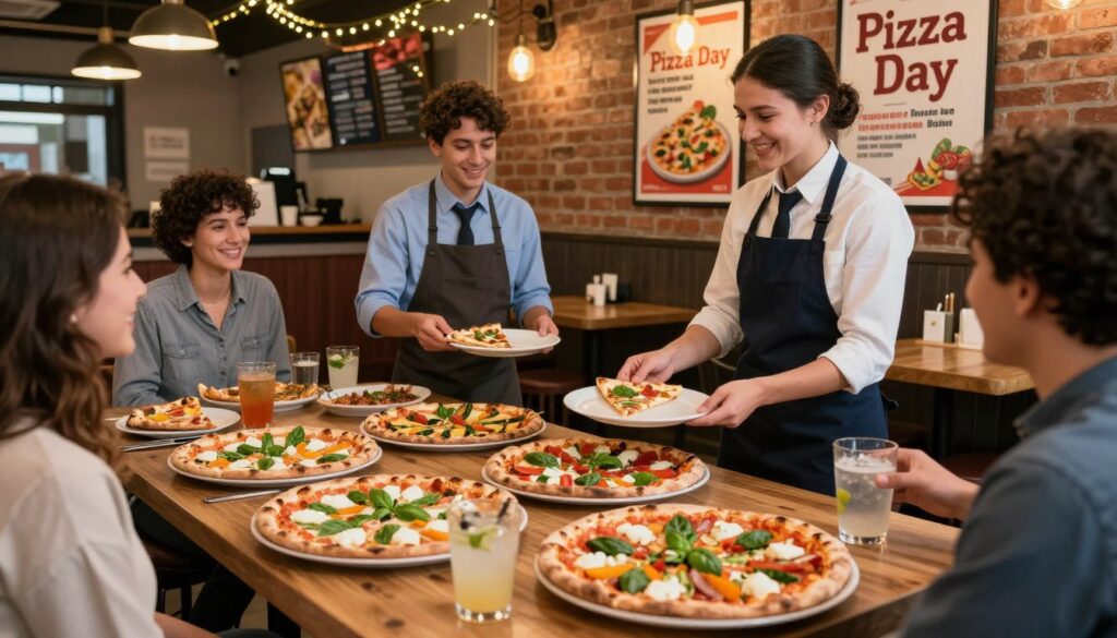 A vibrant and inviting scene set in a cozy local pizzeria, showcasing various promotions and special events. In the foreground, a beautifully arranged table features an assortment of mouthwatering pizzas, each topped with fresh ingredients like basil, mozzarella, and colorful vegetables. In the middle, friendly staff in smart casual attire are engaging with customers, serving delicious slices and drinks, spreading a warm atmosphere. The background reveals a charming interior with brick walls, hanging string lights, and promotional posters highlighting "Pizza Day" specials. Soft, warm lighting fills the space, creating an inviting mood. Capture the essence of community and celebration surrounding this popular Italian cuisine.