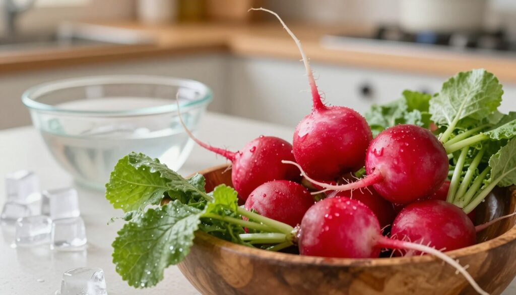A vibrant, close-up image showcasing fresh radishes being prepared for storage. In the foreground, a handful of crisp, red radishes with their leafy green tops, glistening with moisture, sit in a rustic wooden bowl. In the middle ground, a clean kitchen countertop with scattered ice cubes and a small bowl of water, suggesting a refreshing wash for the radishes. The background features a softly blurred kitchen setting with warm lighting illuminating the scene, creating a cozy atmosphere. The angle is slightly overhead, capturing the richness of colors and textures. The mood is fresh and inviting, emphasizing the importance of keeping radishes crunchy and juicy before refrigeration.