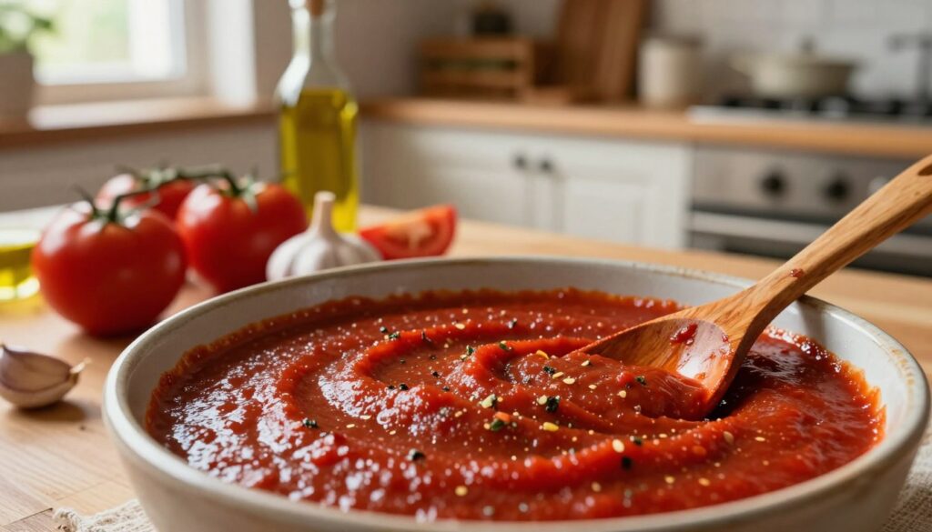 A vibrant, close-up scene of rich, thick pizza sauce made from concentrated tomatoes. In the foreground, a rustic bowl filled with the deep red sauce, showcasing glistening pieces of herbs and spices. A wooden spoon rests beside the bowl, streaked with sauce, hinting at recent preparation. In the middle, a table scattered with fresh ingredients: ripe tomatoes, garlic cloves, and olive oil, all illuminated by soft, warm natural light that spills from a nearby window. The background features a cozy kitchen setting, with light-colored wooden cabinets and rustic shelves. The atmosphere is inviting and homely, evoking the warmth of cooking. Capture this in a shallow depth of field to keep the focus on the sauce while blurring the kitchen backdrop gently.