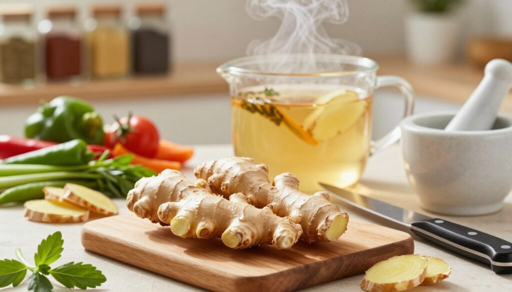 A vibrant kitchen scene capturing the essence of ginger in everyday cooking. In the foreground, a wooden cutting board displays fresh, aromatic ginger roots with their textured skin glistening under warm, natural light. Surrounding them are various culinary tools like a sharp knife, a mortar and pestle, and fresh herbs. In the middle ground, a pot simmers with a fragrant ginger tea, steam wafting upwards, and nearby, vibrant vegetables hint at healthy recipes. The background features soft-focus shelves filled with spices, emphasizing a cozy, inviting atmosphere. The lighting is bright and warm, evoking a sense of homeliness and culinary creativity. Ideal for showcasing the versatility of ginger in cooking. A vibrant kitchen scene capturing the essence of ginger in everyday cooking. In the foreground, a wooden cutting board displays fresh, aromatic ginger roots with their textured skin glistening under warm, natural light. Surrounding them are various culinary tools like a sharp knife, a mortar and pestle, and fresh herbs. In the middle ground, a pot simmers with a fragrant ginger tea, steam wafting upwards, and nearby, vibrant vegetables hint at healthy recipes. The background features soft-focus shelves filled with spices, emphasizing a cozy, inviting atmosphere. The lighting is bright and warm, evoking a sense of homeliness and culinary creativity. Ideal for showcasing the versatility of ginger in cooking.