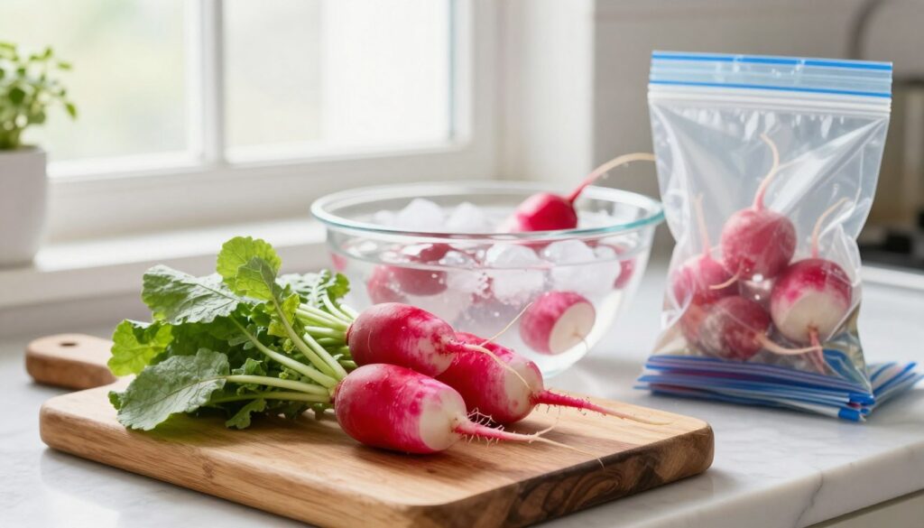 A vibrant kitchen scene featuring fresh radishes being prepared for freezing. In the foreground, a rustic wooden cutting board holds freshly washed, crisp radishes, with a few green leafy tops still attached. The middle ground shows a large bowl filled with ice water to keep the radishes crisp, alongside a stack of resealable freezer bags ready for use. In the background, a bright window allows soft, natural light to illuminate the scene, enhancing the freshness of the produce. The atmosphere feels clean and organized, evoking a sense of care and preparation for the winter months. A slight depth of field blurs the background slightly, drawing focus to the radishes and preparation area, creating a warm and inviting culinary feel.
