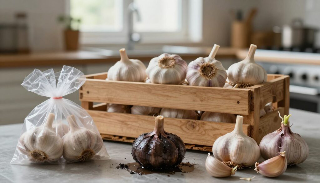 A visually informative composition showcasing common mistakes in garlic storage. In the foreground, display several garlic bulbs in various improper storage conditions: one in a plastic bag, another in a damp, dark place, and a third with sprouts emerging. The middle ground features a wooden crate with fresh garlic showing the ideal storage setup—well-ventilated and dry. In the background, a blurred kitchen setting illustrates a lack of proper storage techniques, using dim lighting to create a slightly chaotic atmosphere. Soft, natural light should flood the scene from a window, emphasizing the contrast between the correct and incorrect methods. The overall mood is educational and practical, capturing the importance of proper garlic storage to avoid spoilage.