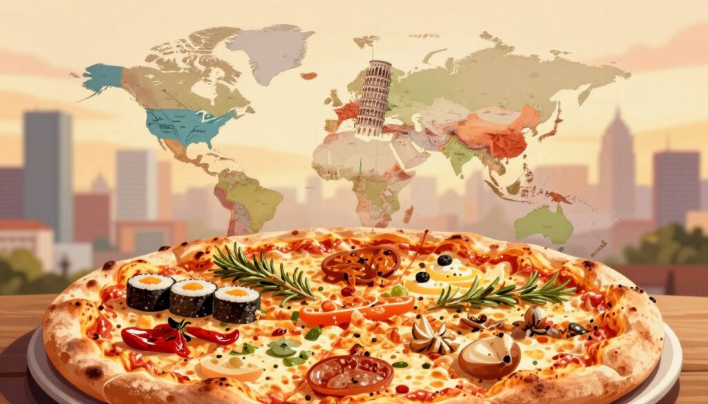 A visually striking and informative illustration showcasing global pizza records and trivia. In the foreground, a large, vibrant pizza topped with various international ingredients representing different countries, like sushi-style toppings, spicy Indian spices, and classic Italian cheeses. In the middle, a world map subtly featuring iconic landmarks symbolizing pizza culture around the globe, such as the Leaning Tower of Pisa and the Statue of Liberty, all rendered with artistic flair. The background features a soft-focus urban skyline, hinting at the diverse locations where pizza is celebrated. The lighting is warm and inviting, creating a cozy atmosphere, with a slight vignette effect to focus attention on the pizza and the map. The composition is dynamic and colorful, evoking the joy and richness of pizza as a global phenomenon.